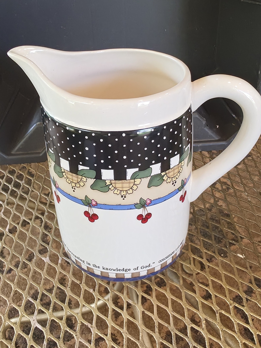White Ceramic Pitcher with Decorative Cherry & Polka Dot Band